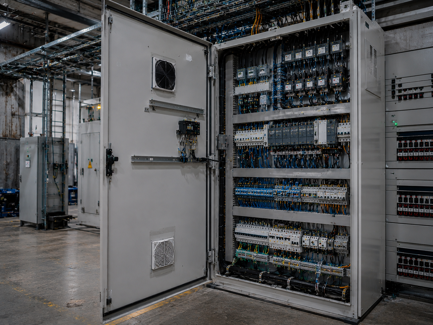 Tablou electric industrial într-o cameră tehnică