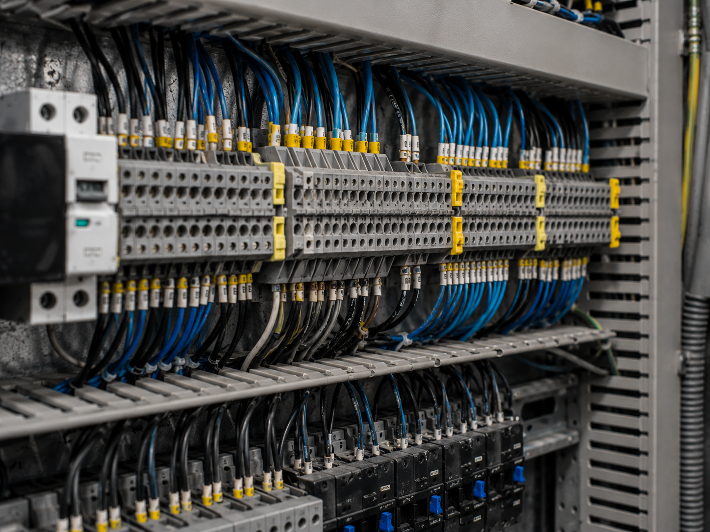 Terminal blocks and low voltage wiring in an industrial electrical panel