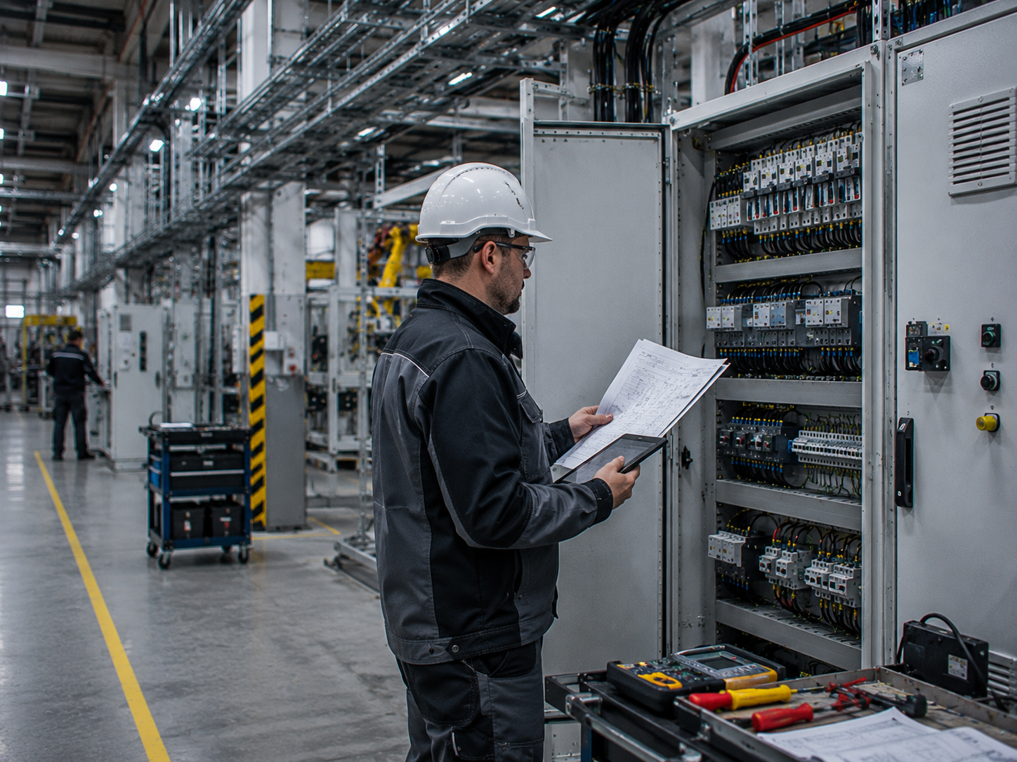 Engineering consultation next to an electrical panel in an industrial environment