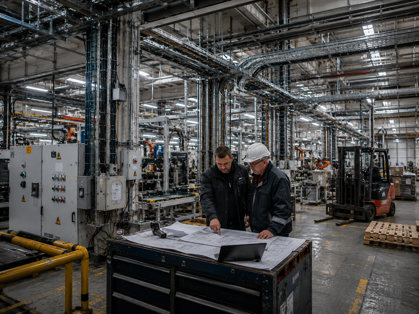 Industrial electrical project with panels, cable routes and technical planning