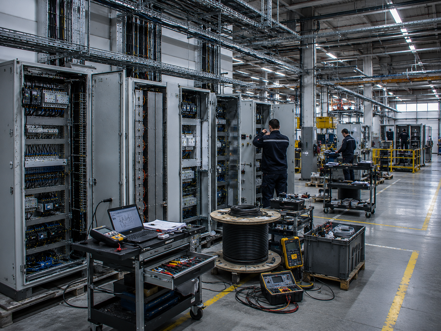 Industrial electrical workshop with panels and cable infrastructure